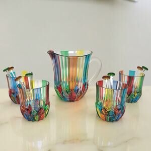 ZECCHIN Venetian Crystal Glass Pitcher Tumblers 13 Set Rainbow Handmade Stirs